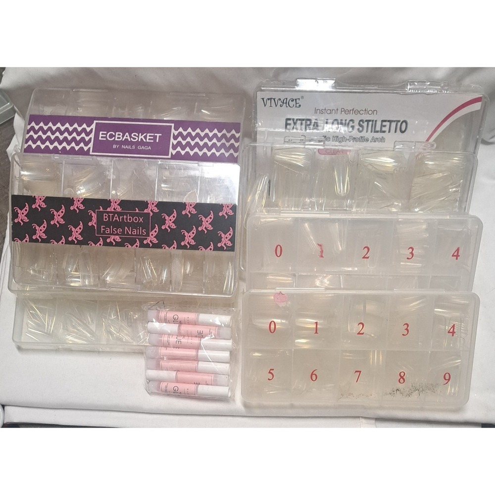 Clear Acrylic Nail Tips Lot w/ Cases + Makartt Glue Full Cover Mixed Sizes